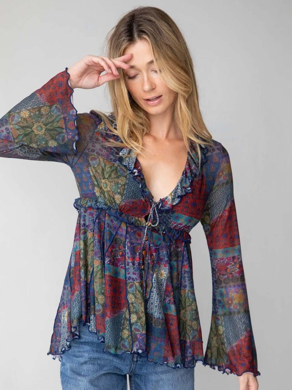 Natural Life Sierra Ruffle Mesh Top Size S Blue Patchwork